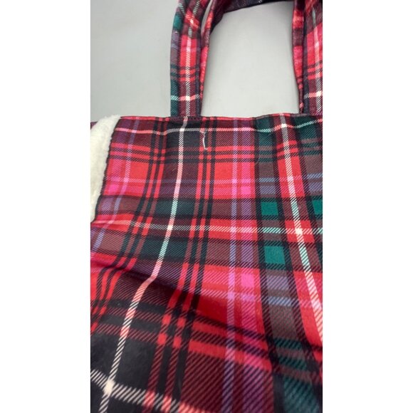 Victorias Secret Red Plaid Tote Bag With Sherpa Detailing & Logo Patch READ - Picture 7 of 8